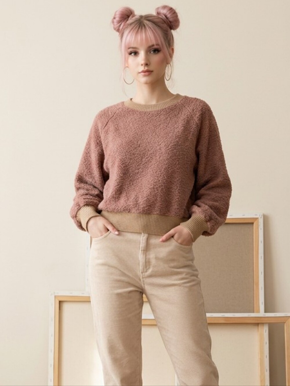 Women's Oversized Umgee Brown & Beige Retro Textured Crew Neck Sweatshirt M
